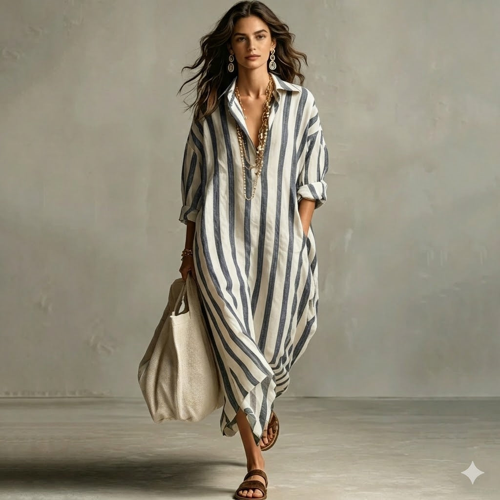 【S-3XL】Vestido Largo Camisero con Rayas Verticales y Corte Holgado Elegante