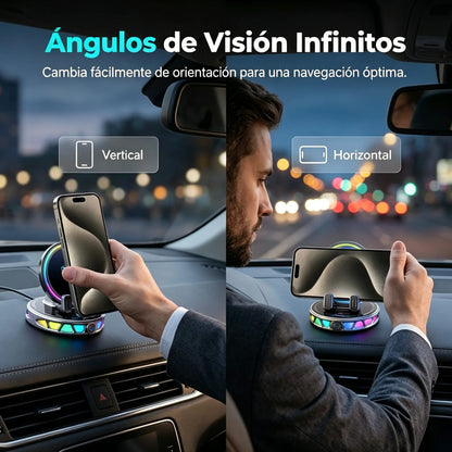 📱 Soporte para coche RGB con sujeción automática y carga inalámbrica de 15 W