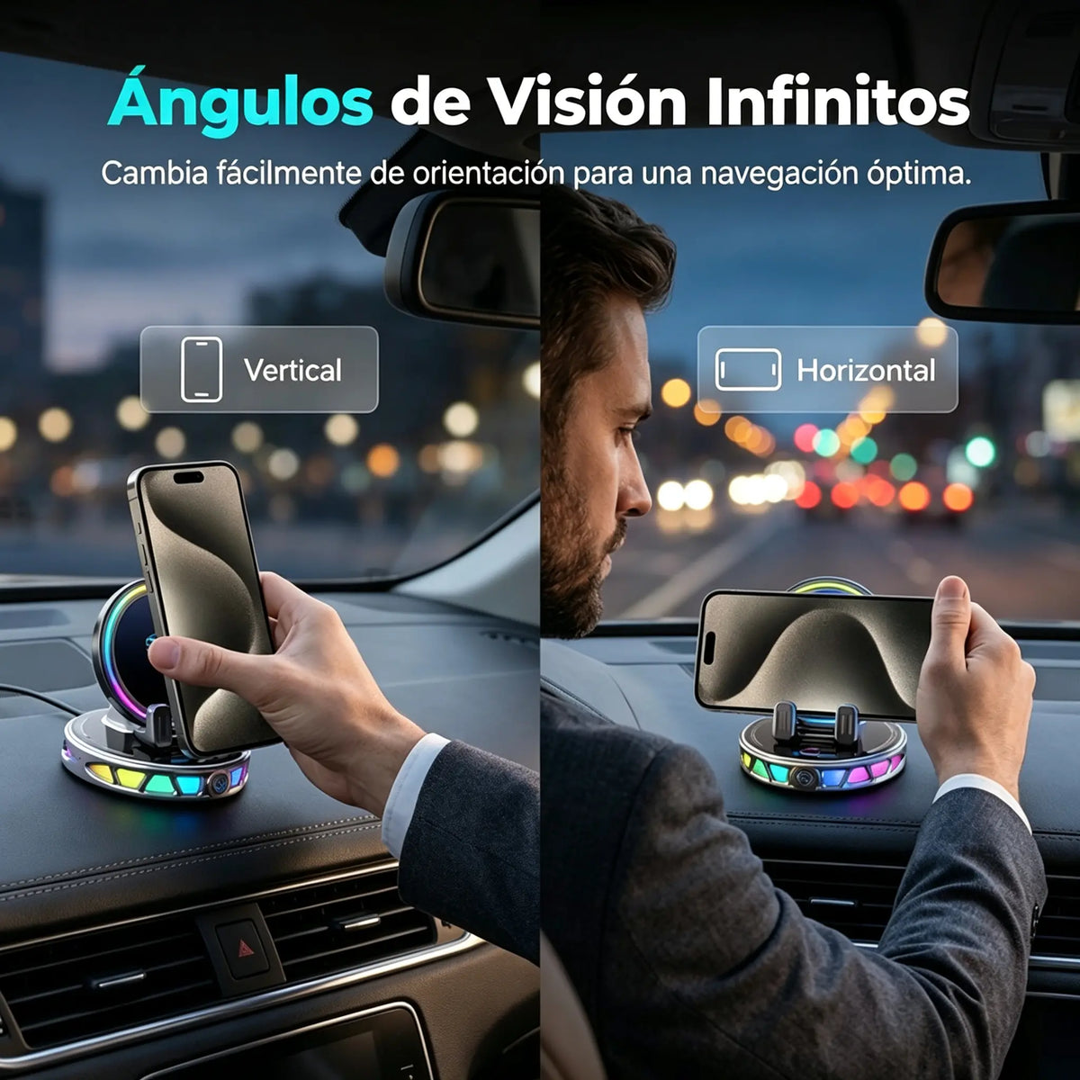 📱 Soporte para coche RGB con sujeción automática y carga inalámbrica de 15 W