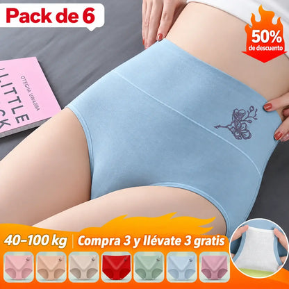 💖Último día con 50 % de descuento - 【1 conjunto de 6 unidades】Bragas moldeadoras de cintura alta con cinturilla ancha de algodón puro [40–100 kg]