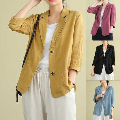 🔥Pago contra entrega✅️【40-90 kg】Camisa de traje casual de algodón y lino para mujer, diseño de cuello en V y botonadura simple
