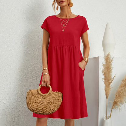 ✨ ✨ 【S-5XL】👗2025 Dámske bavlnené ľanové šaty s okrúhlym výstrihom a voľnými líniami