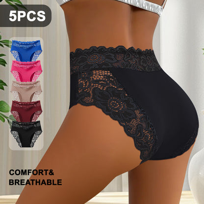 💖 Conjunto de 5 piezas | Braguitas de encaje para mujer, transpirables y cómodas, de seda de leche, de talle medio.