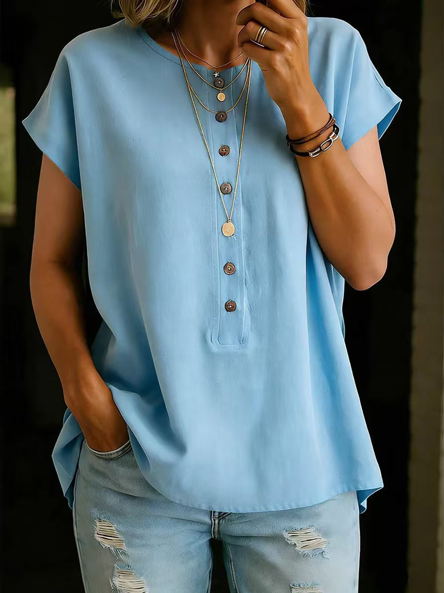 【S-2XL】Camiseta versátil de mujer de manga corta con cuello redondo y botones, color liso.
