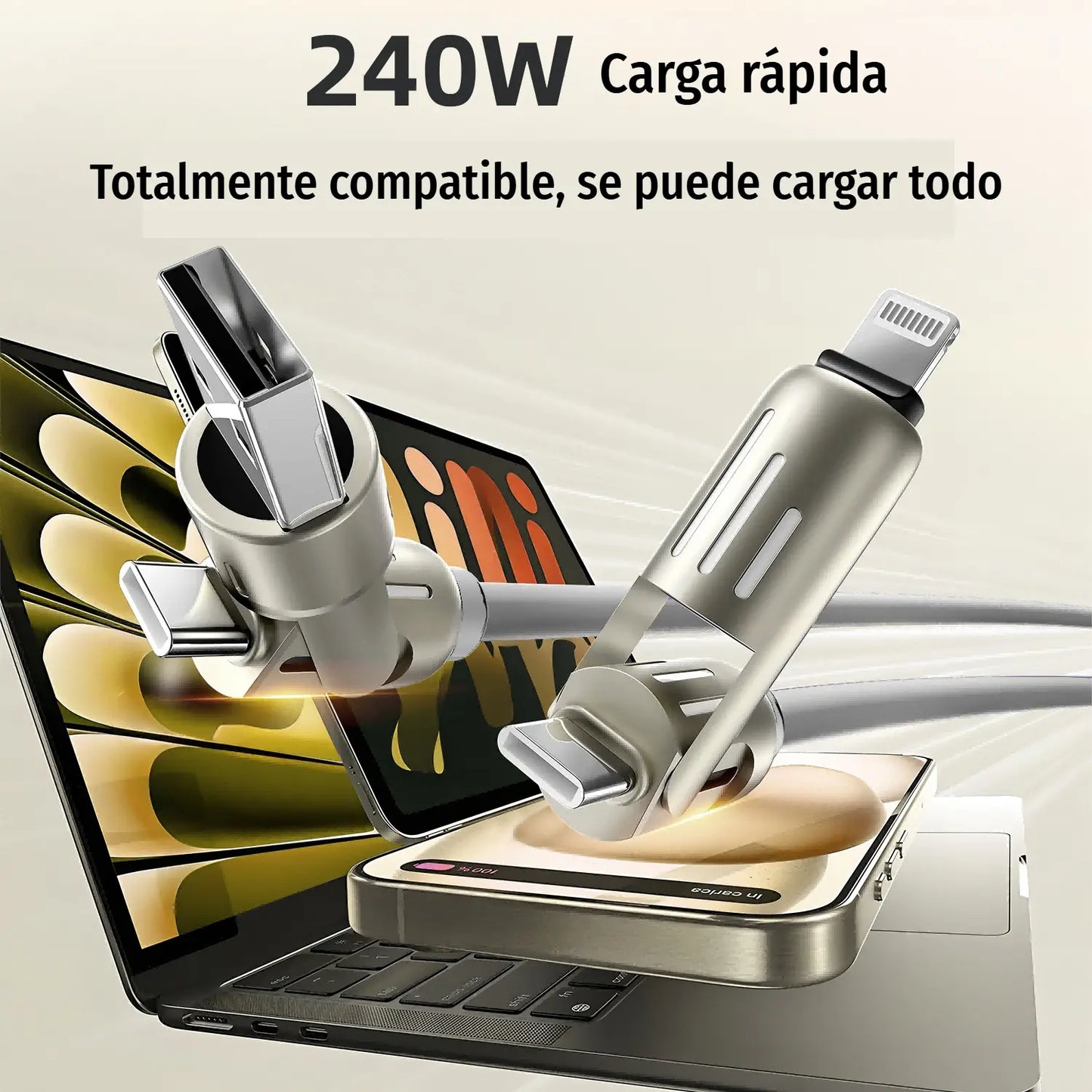 🔥 【2 palos】 🔥 (2 metros de largo) Cable 4 en 1 PD 240 W – Carga rápida USB‑C, Lightning y USB‑A, aluminio y silicona, sincronización de datos ⚡📱
