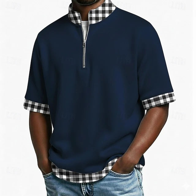 🔥😎【S-3XL】Polo de manga corta para hombre, algodón puro — Cuello con media cremallera, diseño de capas✨