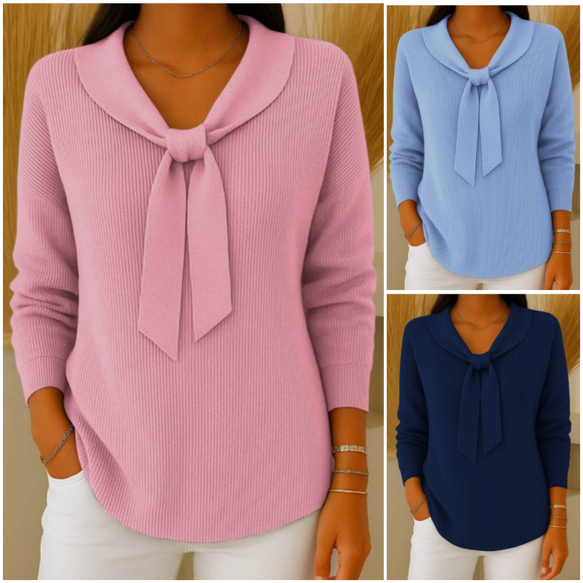 🎀Dámsky jednofarebný sveter s dlhým rukávom a zaväzovaním vpredu (40-90 kg) v akcii, ležérny a voľný strih.