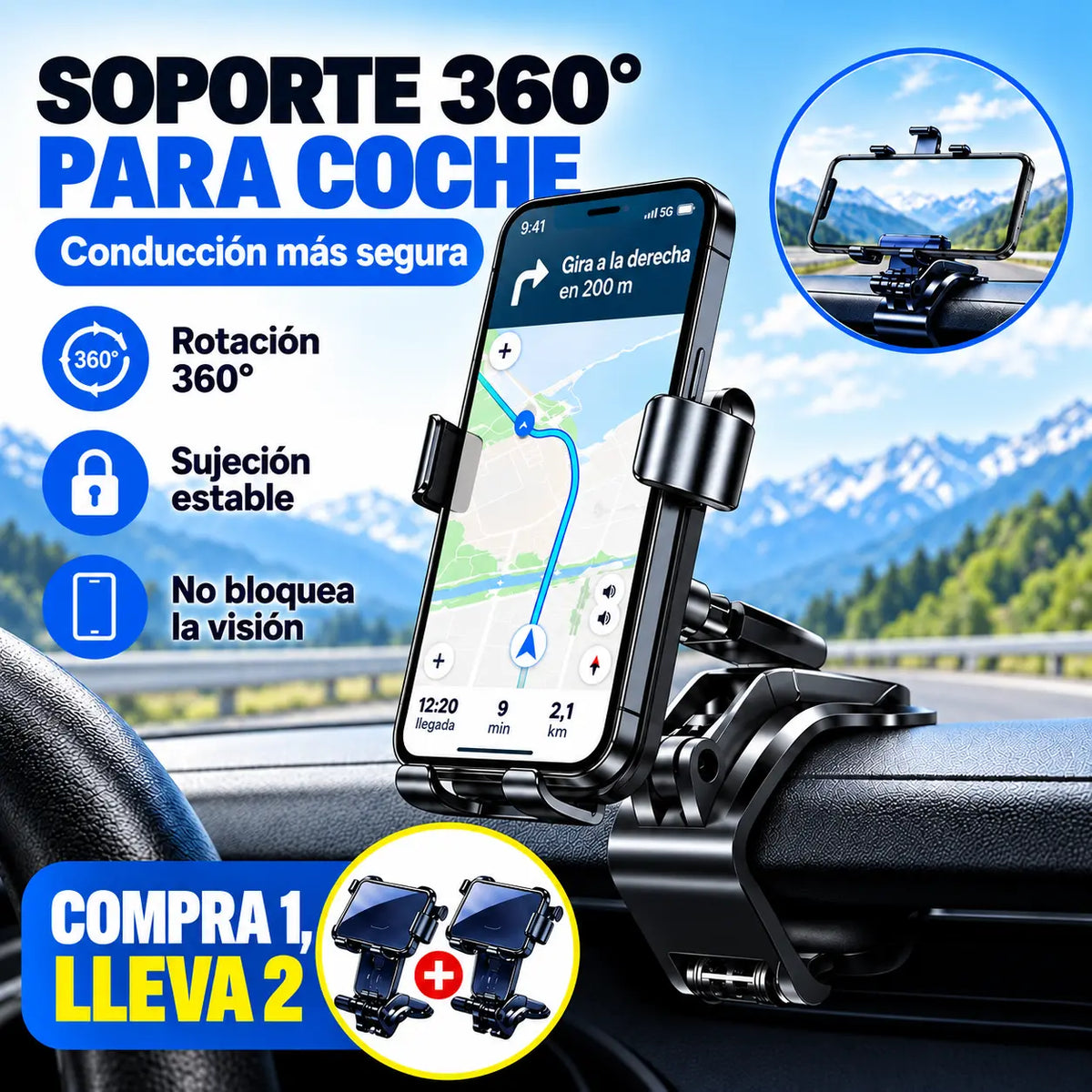 【Compre uno y llévese otro gratis】Soporte para teléfono móvil giratorio de 360° para coche