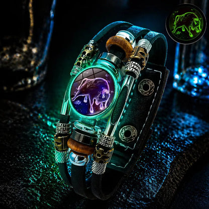 🌙 Pulsera de Cuero Zodiacal Luminiscente – Trenzado de 3 Capas, Longitud Ajustable, Unisex 💫✨