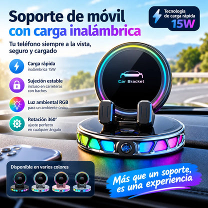 📱 Soporte para coche RGB con sujeción automática y carga inalámbrica de 15 W