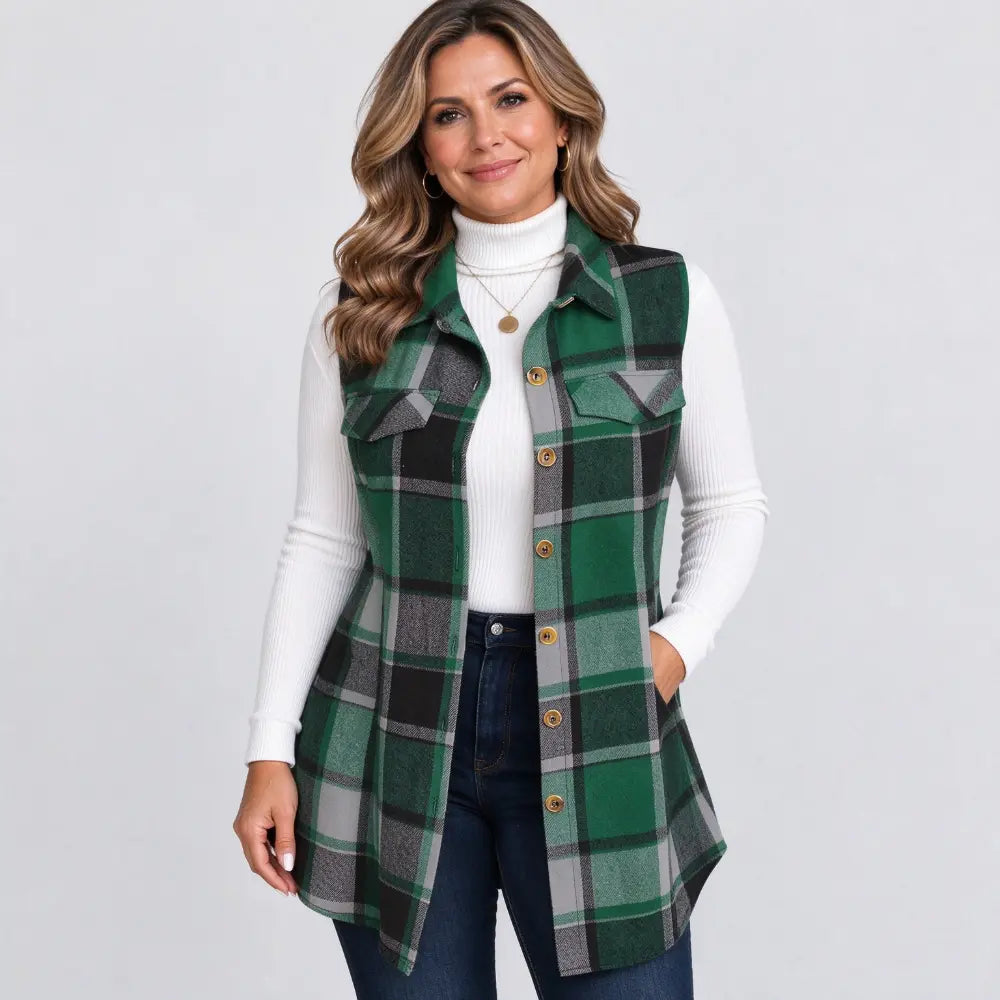 🧥 【S-5XL】Nuevo chaleco sin mangas para mujer: estampado de cuadros, con cuello, largo medio y disponible en tallas grandes