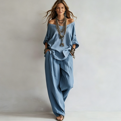 Conjunto Boho de Dos Piezas para Mujer – Blusa Holgada de Hombros Caídos y Pantalón Ancho Fluido