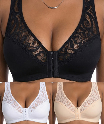 💖Najnižšia cena vôbec【3-dielna sada】【L-4XL】😍🩲Podprsenka s push-up strihom pre väčšie veľkosti, krásna čipka, push-up a vyklenutý dizajn, zapínanie vpredu