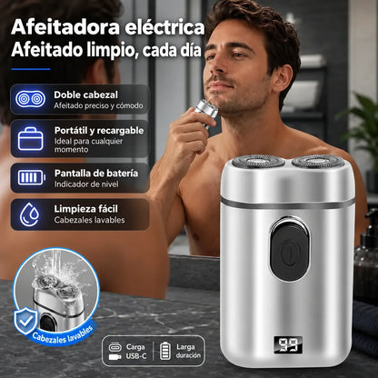 🧡 Mini afeitadora eléctrica portátil para hombre – Doble cabezal rotativo, recargable por USB, compacta y fácil de transportar ⚡
