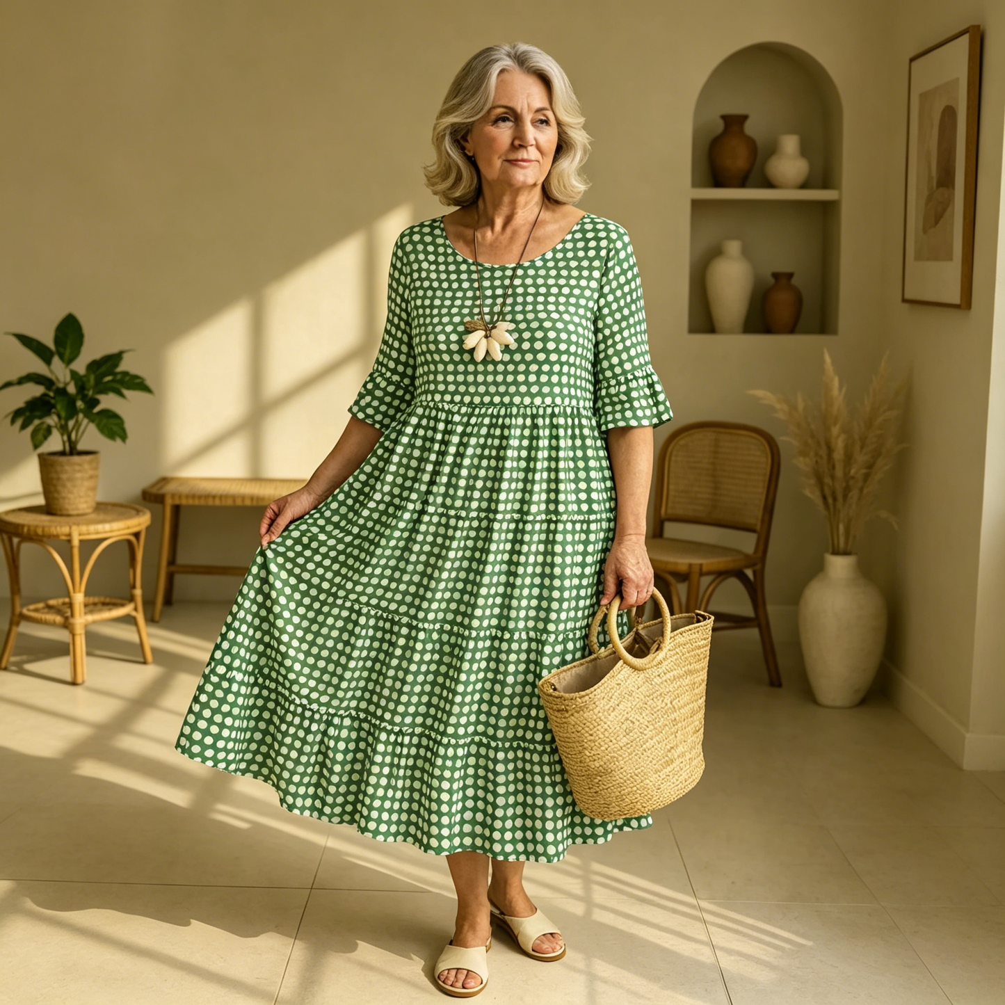 【S-4XL】Iris | Vestido midi beige de manga corta
