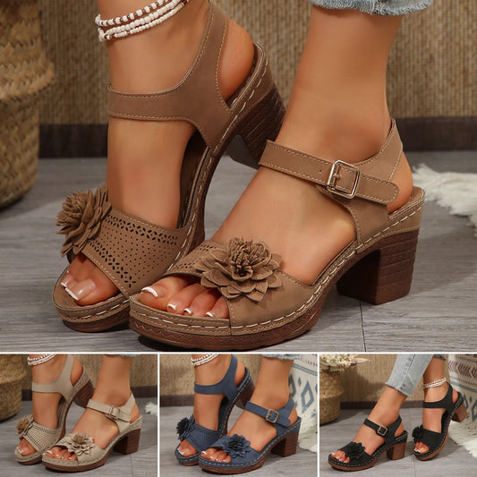 🌟【36-43】Sandale elegante pentru femei, cu vârful deschis, de vară 2025, sandale cu toc înalt și talpă groasă și decorațiuni florale 