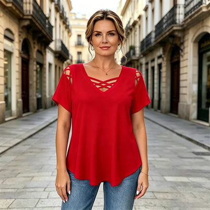 👚 Camiseta 100% algodón con cuello en V, diseño cruzado y aberturas | Moderna y transpirable