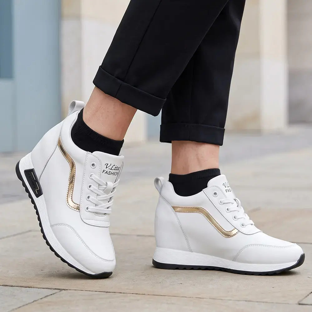 👠Zapatillas de plataforma para mujer con cuña oculta - Zapatos casuales de cuero estilo coreano - Suela gruesa, calzado deportivo cómodo