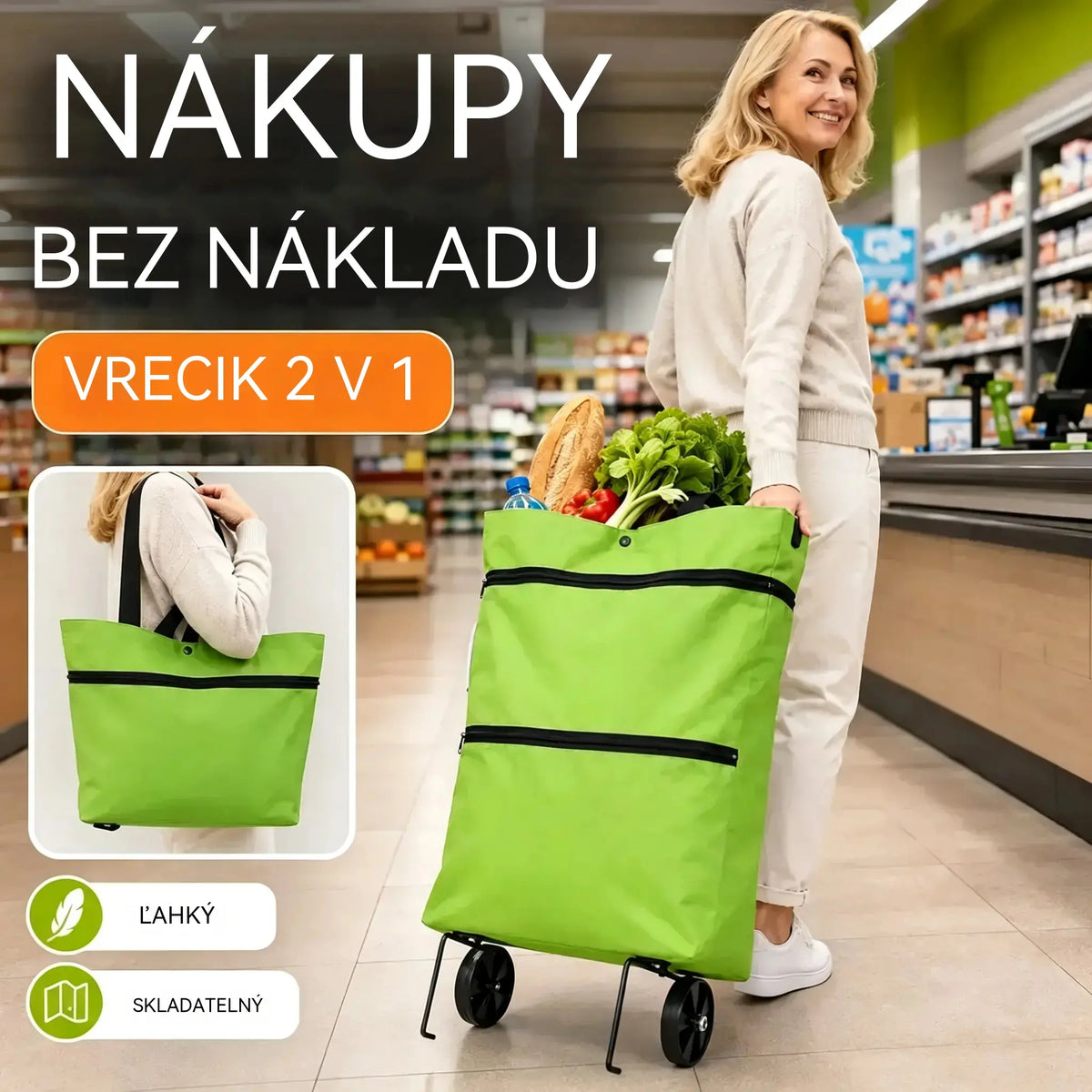 1 kus za 25 eur [Najpredávanejší produkt] 🛒♻️ Skladacia nákupná taška / batoh 2 v 1, ľahká nákupná taška / vozík