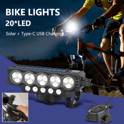 🚨💡 Solárny svetlomet na bicykel s USB nabíjaním a reproduktorom pre dlhotrvajúcu nočnú jazdu.