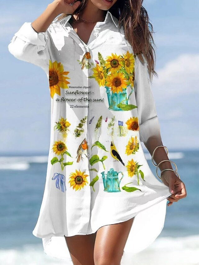 🌻【S-3XL】Rochie cămașă cu imprimeu floral nou 2025 