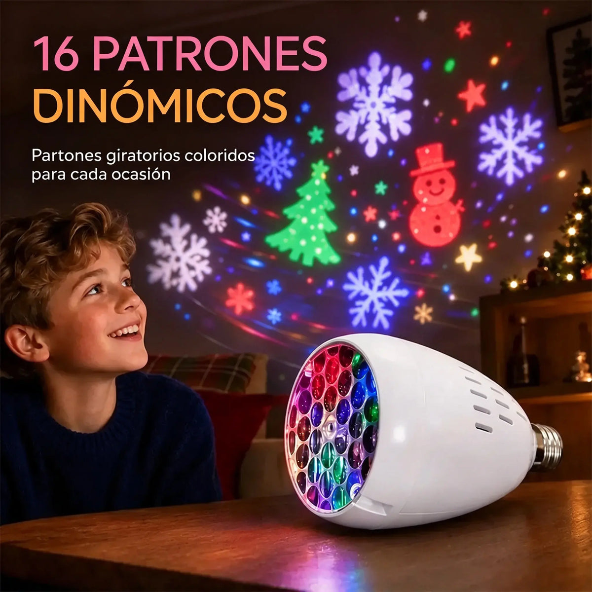 ✨ Bombilla LED de proyección navideña E27 | 16 patrones dinámicos | Crea un ambiente festivo en segundos 🎄