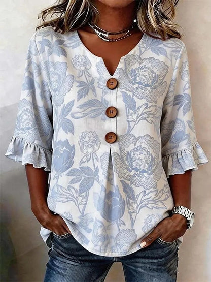 🌟🌟【S-3XL】Camiseta de mujer cómoda y transpirable con mangas abullonadas y diseño de cuello en V con botones.