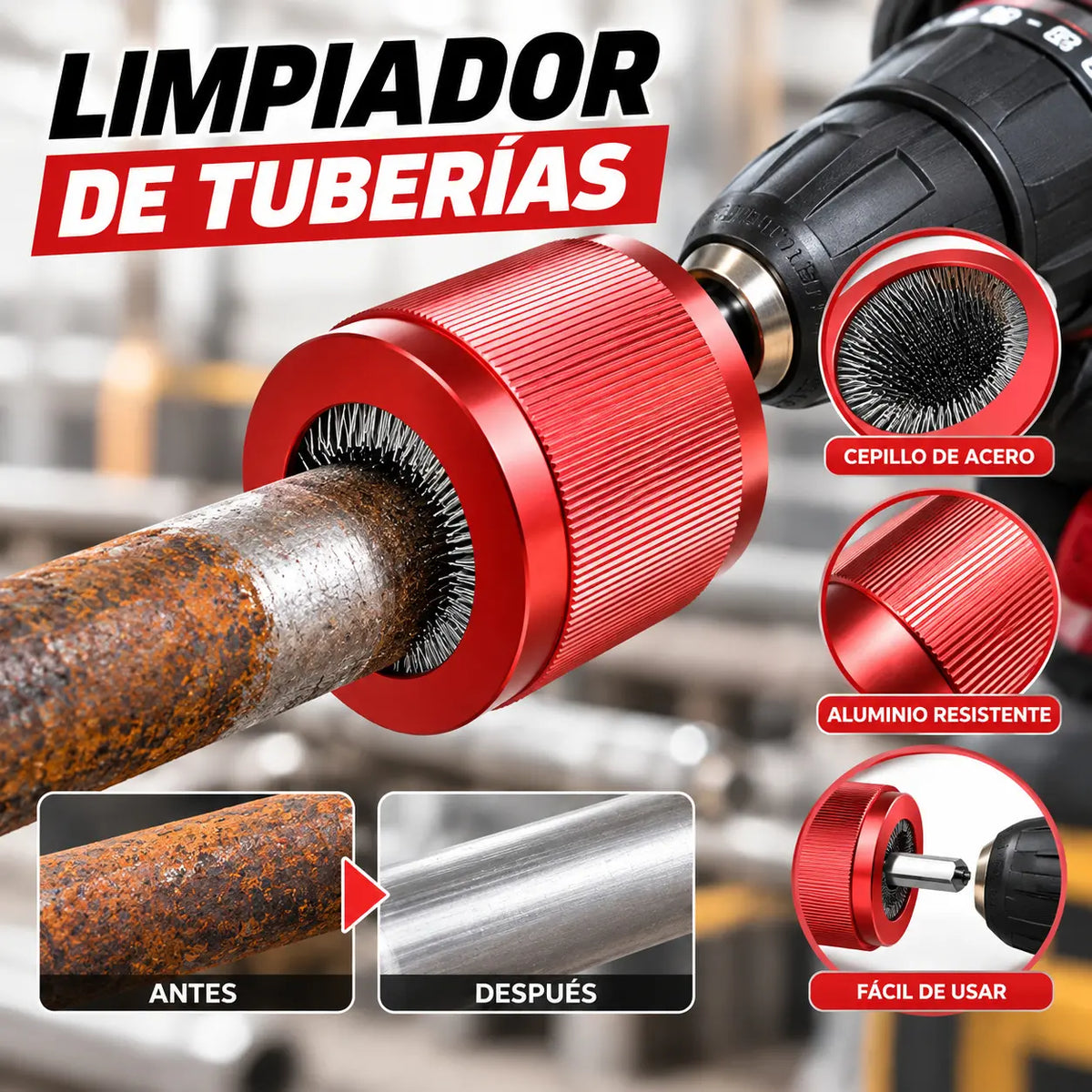 Limpiador y eliminador de óxido para tuberías metálicas (15/22/28 mm) – Cepillo de alambre compatible con taladro eléctrico para la eliminación rápida de óxido y suciedad
