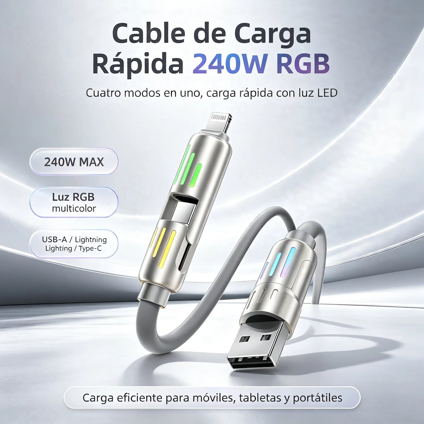 🔥 【2 palos】 🔥 (2 metros de largo) Cable 4 en 1 PD 240 W – Carga rápida USB‑C, Lightning y USB‑A, aluminio y silicona, sincronización de datos ⚡📱