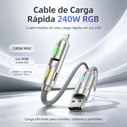 🔥 【2 palos】 🔥 (2 metros de largo) Cable 4 en 1 PD 240 W – Carga rápida USB‑C, Lightning y USB‑A, aluminio y silicona, sincronización de datos ⚡📱