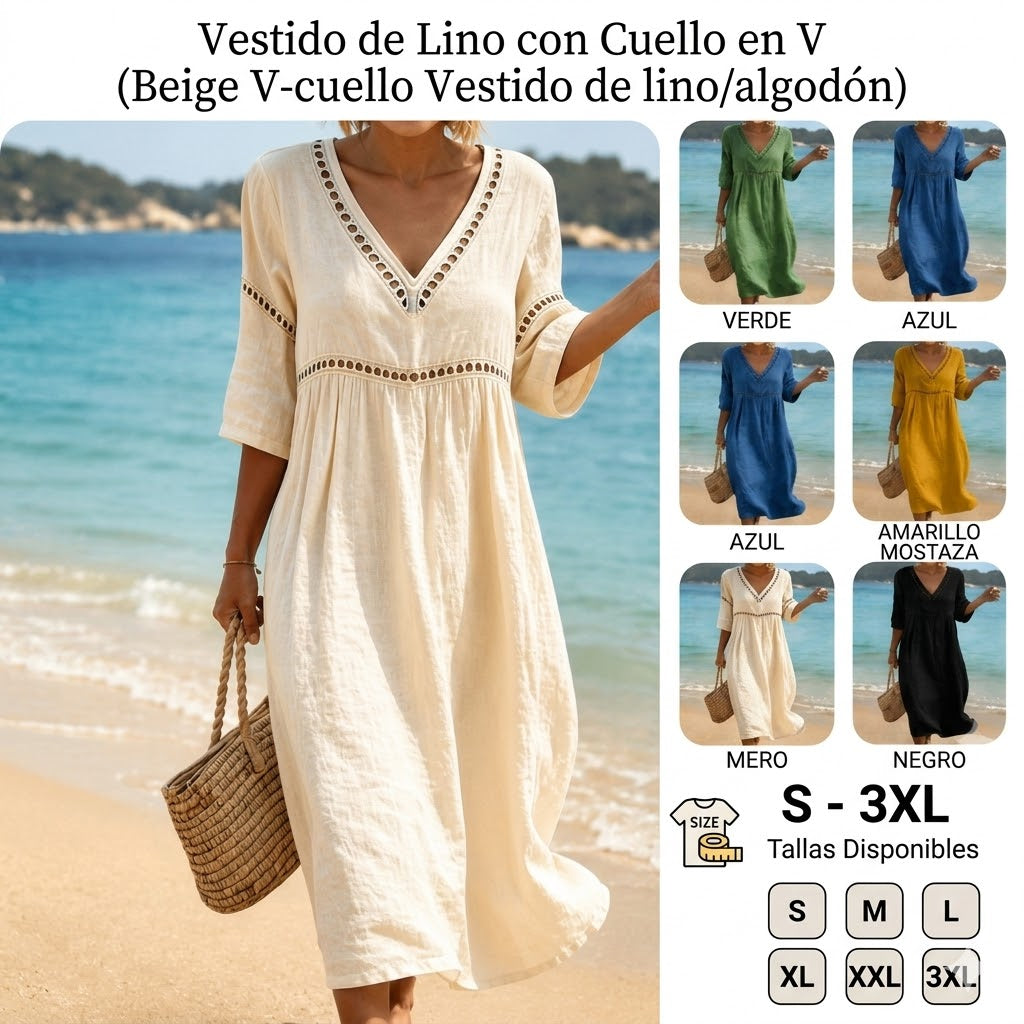 💎2026 Alta calidad💎【S-3XL】Vestido de mujer de algodón y lino con cuello en V, transpirable y suave, cómodo de llevar