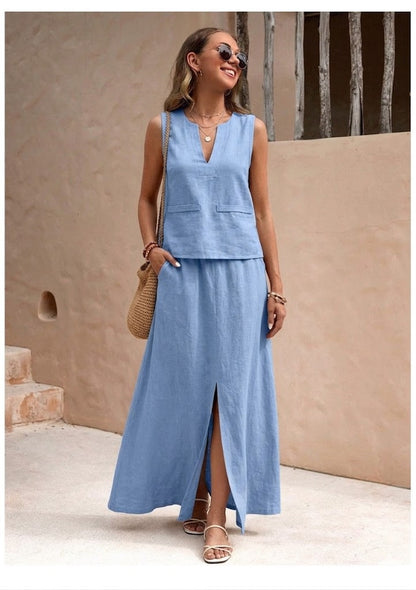 🔥 ¡Nueva llegada de verano! 😍 2026 Nuevo conjunto de dos piezas para mujer en colores sólidos: top de lino con cuello en V sin mangas y falda midi fluida
