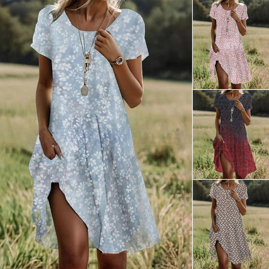 🛒📣【Posledný deň akcie】 【S-3XL】💖👗2025 nové každodenné šaty s okrúhlym výstrihom a potlačou na jar a leto 🌸🌞