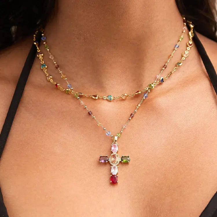 💎🌈Oferta: Collar con cruz de circonitas de colores. Incluye un precioso joyero.