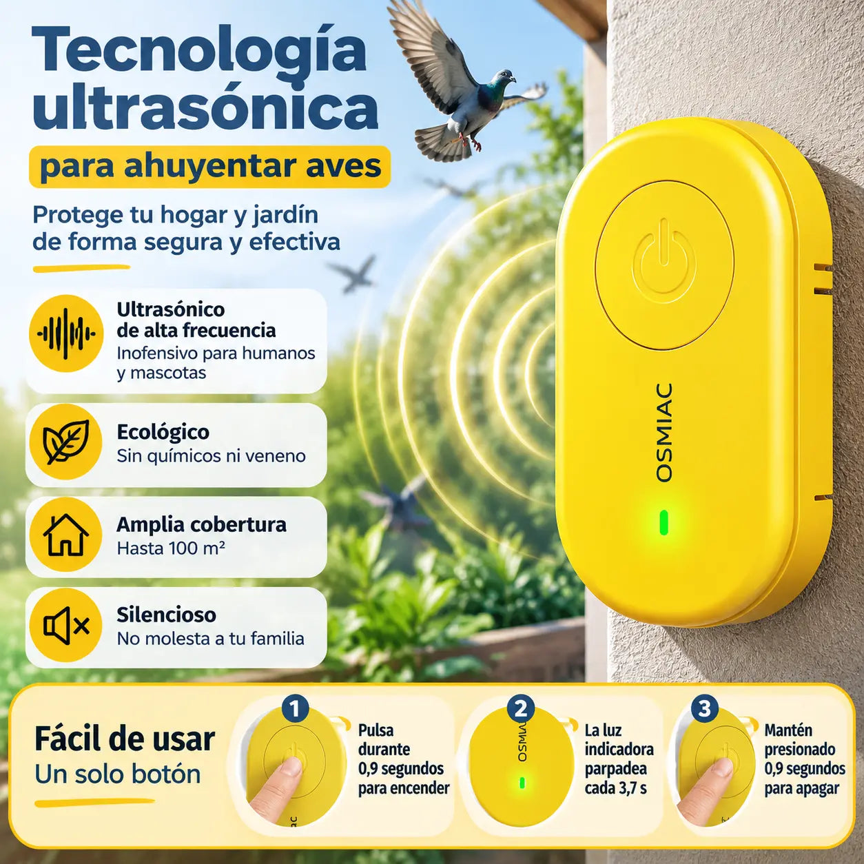 🐦 Repelente de pájaros ultrasónico portátil | Ahuyentador automático para palomas, ideal para balcones, jardines y exteriores