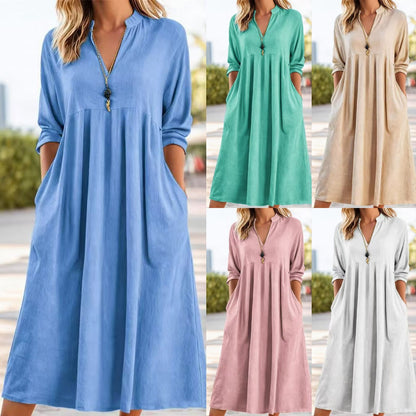 💃【50% zľava】👗2026 Nové módne retro šaty s výstrihom do V z bavlny a ľanu, vrecká a voľný, pohodlný strih.