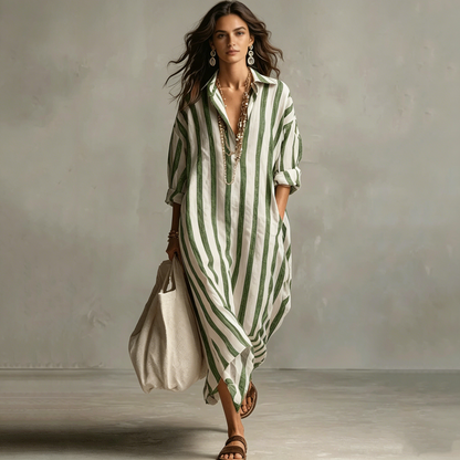 【S-3XL】Vestido Largo Camisero con Rayas Verticales y Corte Holgado Elegante
