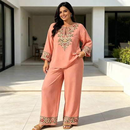 👒 Conjunto de Verano de Lino para Mujer de 2 Piezas: Blusa Holgada con Estampado Floral y Pantaloni Anchos – Tejido Suave, Transpirable y Respetuoso con la Piel 🌸✨