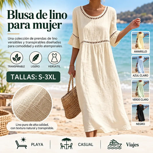 💎2026 Alta calidad💎【S-3XL】Vestido de mujer de algodón y lino, con mangas abullonadas, transpirable, suave y cómodo