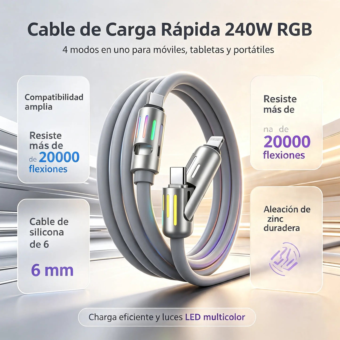 🔥 【2 palos】 🔥 (2 metros de largo) Cable 4 en 1 PD 240 W – Carga rápida USB‑C, Lightning y USB‑A, aluminio y silicona, sincronización de datos ⚡📱