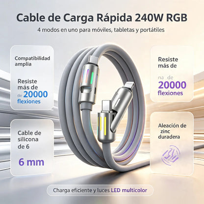 🔥 【2 palos】 🔥 (2 metros de largo) Cable 4 en 1 PD 240 W – Carga rápida USB‑C, Lightning y USB‑A, aluminio y silicona, sincronización de datos ⚡📱
