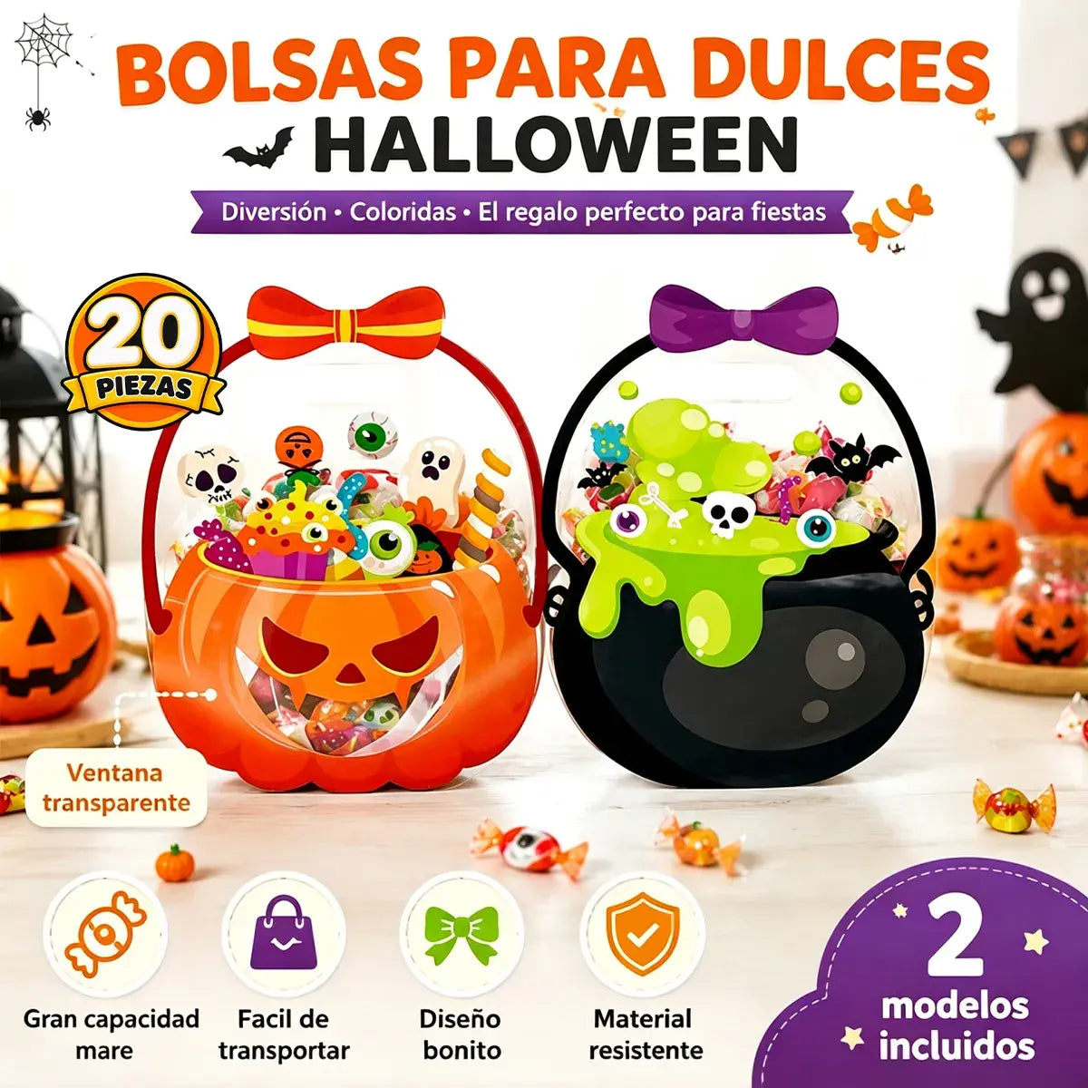 20 piezas 28€ 🎃Bolsas de plástico para dulces de Halloween, bolsas para caramelos de truco o trato