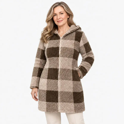 ✨【S-3XL】Cárdigan/abrigo largo reversible para mujer con cremallera – pelo sintético y estampado de cuadros (otoño/invierno)