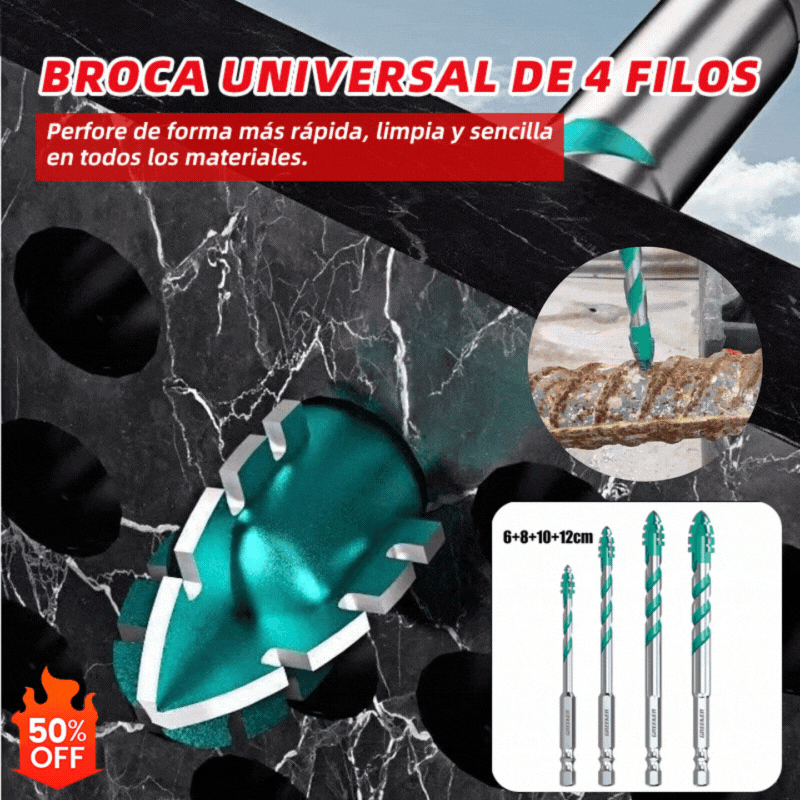 🔩 6+8+10+12mm✨Broca de 4 Filos Multimaterial – Perforación Rápida y Precisa en Acero, Vidrio y Cerámica 💪✨