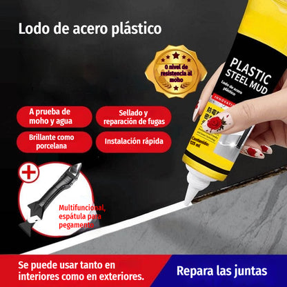 【5 botellas】🛁 Sellador impermeable de cerámica blanca antimoho, relleno de juntas de barro de plástico y acero para sellado de bordes de fregaderos de cocina, baño e inodoro.