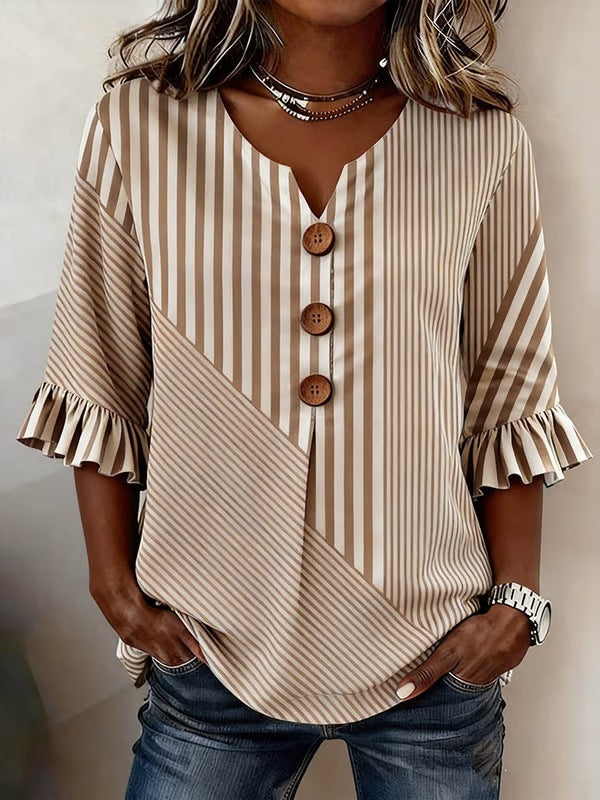 🌟🌟【S-3XL】Camiseta de mujer cómoda y transpirable con mangas abullonadas y diseño de cuello en V con botones.