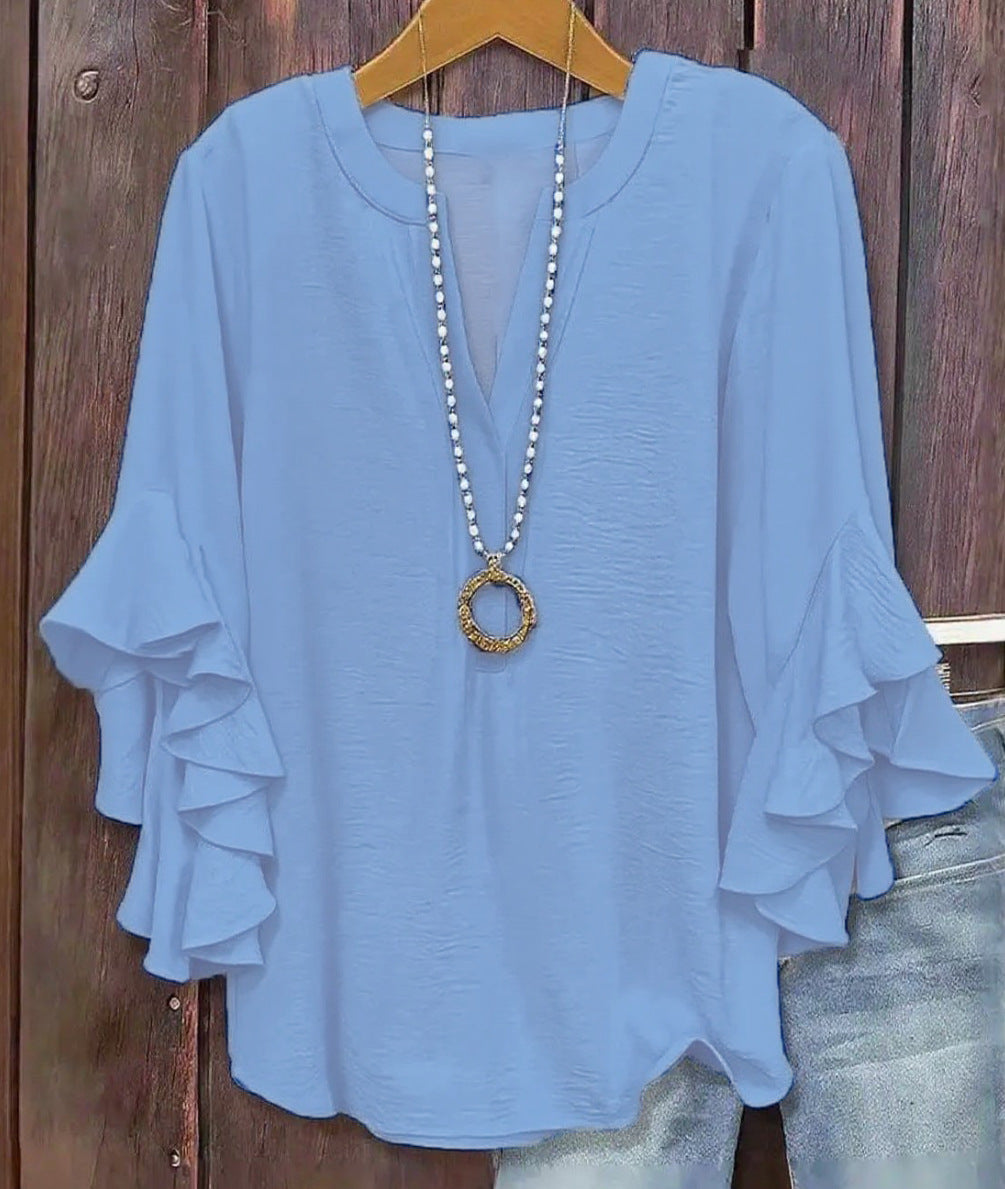 【L-5XL】Camisa de mujer con escote en V y volantes para tallas grandes.