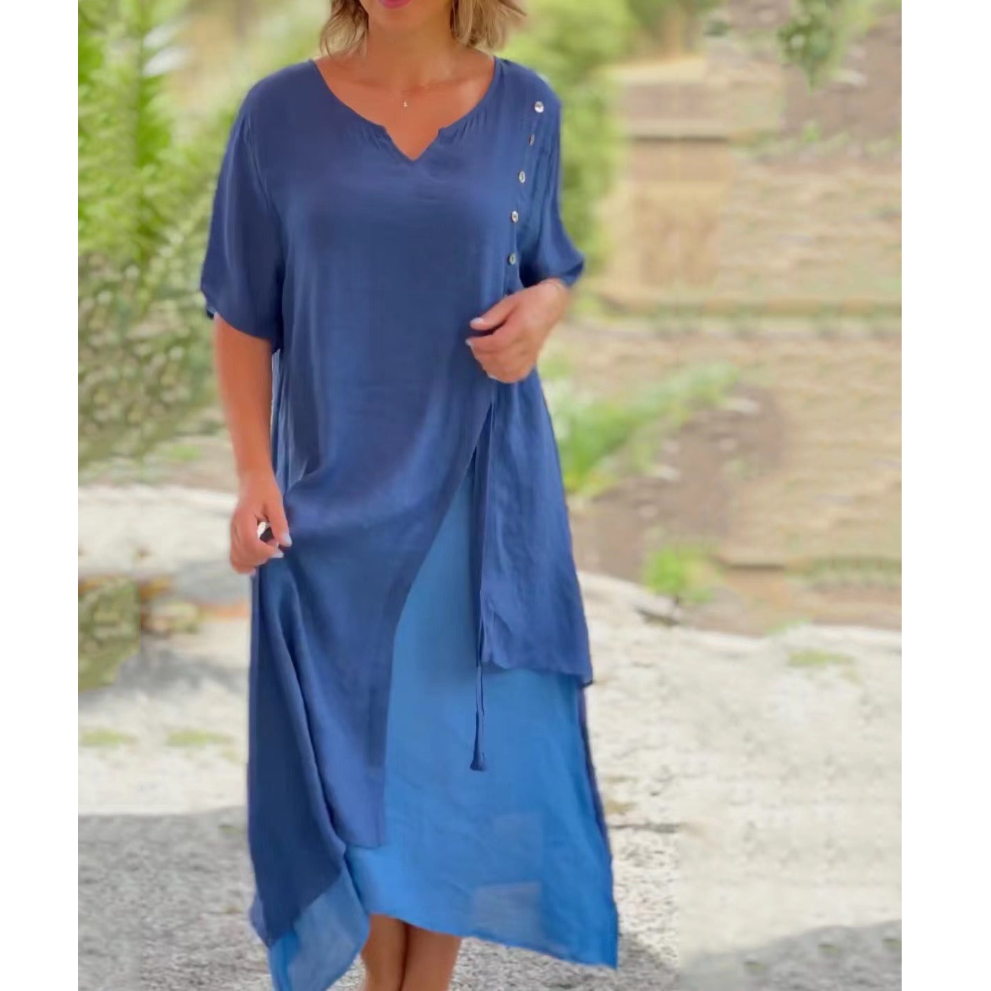 💐💐【S-4XL】Vestido de algodón de dos piezas irregular con cuello en V, vestido largo