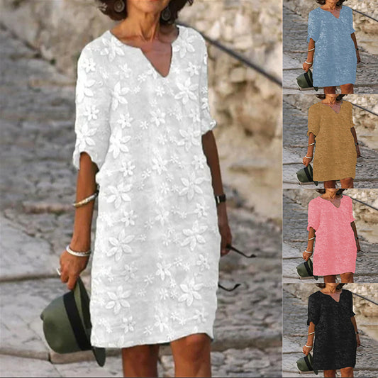 👗【S-5XL】【Reduceri de sfârșit de vară】Rochie din bumbac și in cu imprimeu floral 