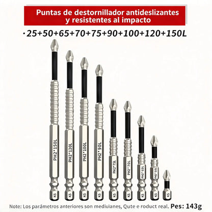 🧰⚒️ 【Juego de 9 puntas de destornillador antideslizantes K5 [25-150L]】Puntas Phillips antideslizantes, magnéticas, ultrarresistentes y de alta dureza para taladros eléctricos.